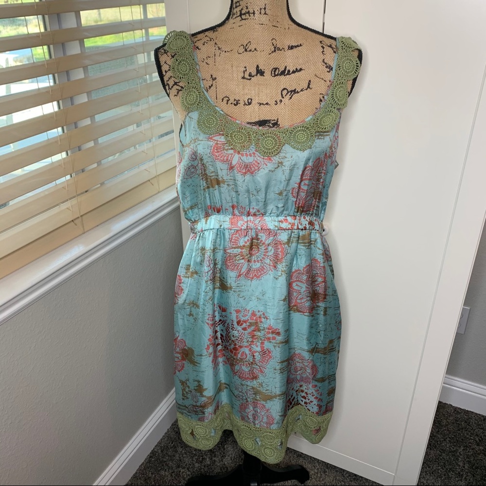 Sweet Sinnamon Silk Crochet Lace Print Tank Dress